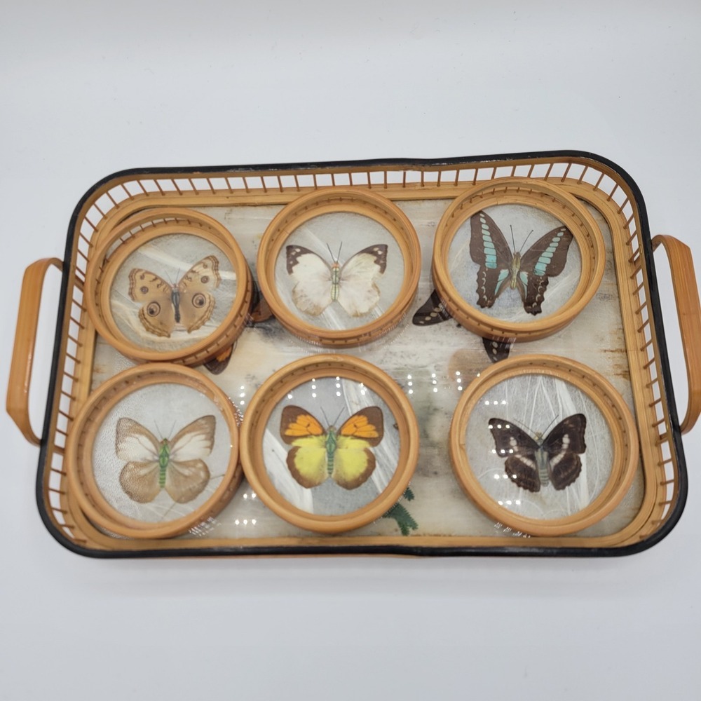 VTG Bamboo Tray & Coasters With Pressed Butterflies MCM Boho 70's
